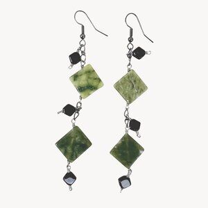 Handcrafted Green Jade & Black Onyx Dangle Earrings 4" BOHO Style EUC